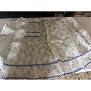 Handmade White Linen Apron Blue Floral Embroidery Adjustable Tie Waist